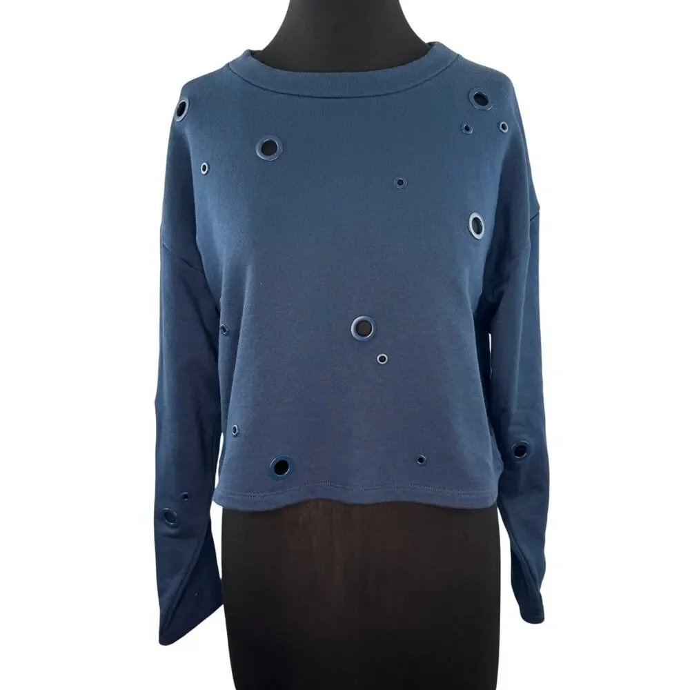 Alo Yoga Cadence Grommet Navy Crop Sweatshirt Drop Shoulder Pullover Sz M Medium